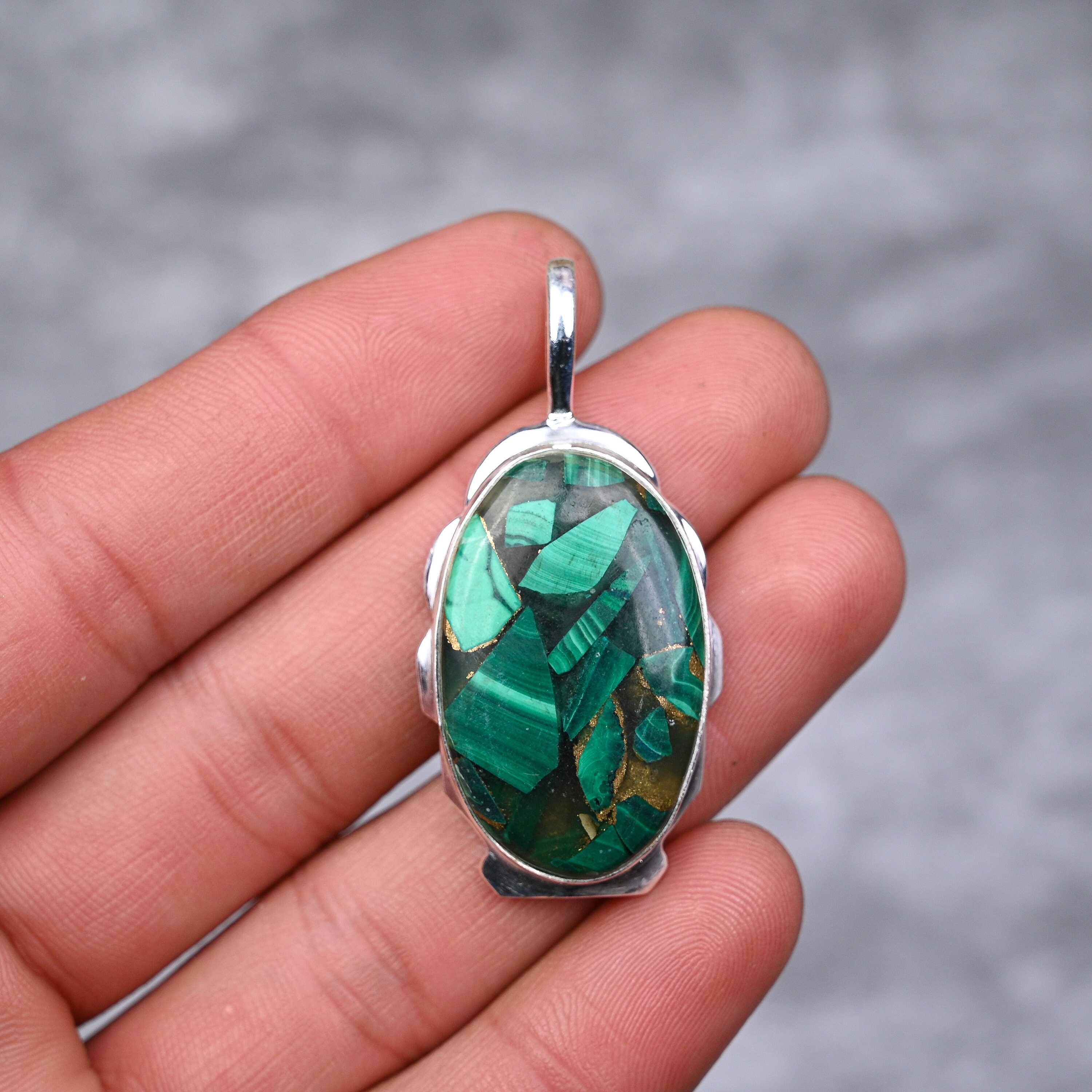 Copper Malachite Pendant 925 Sterling Silver Pendant