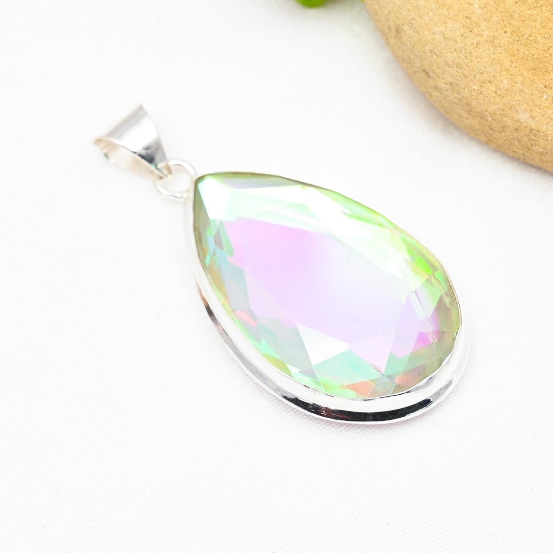 Women Mosaic Natural Topaz Stone Silver Pendant Necklace