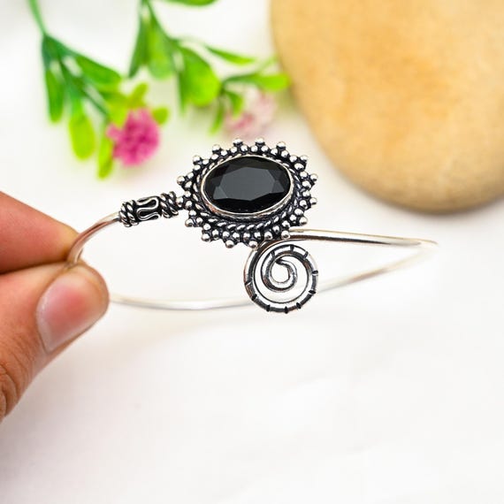 Bracelet Réglable En Argent 925 Fait Main Avec Spinel Noir - Pierre Lab Créée, Inde