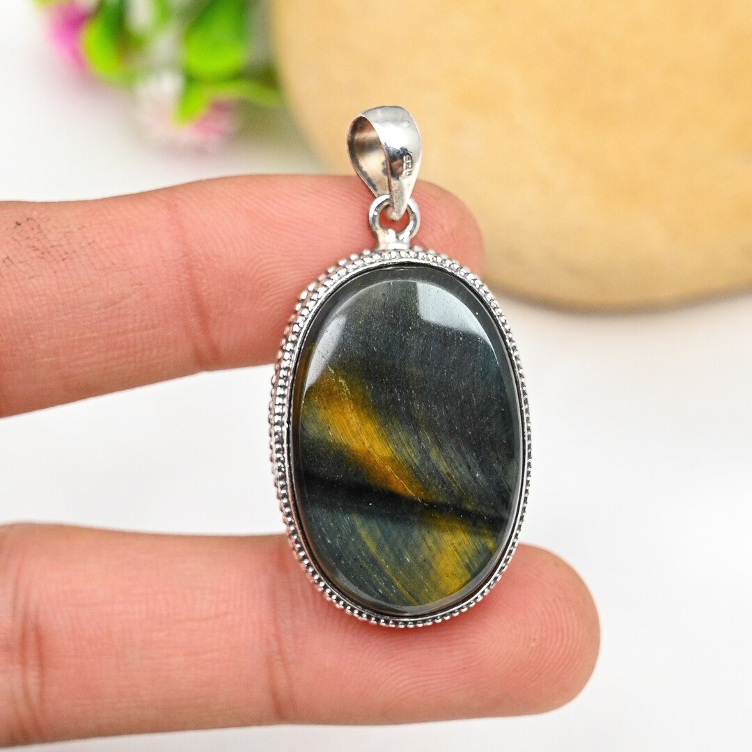 Blue Tiger Eye Pendant 925 Sterling Silver Pendant Tiger Eye