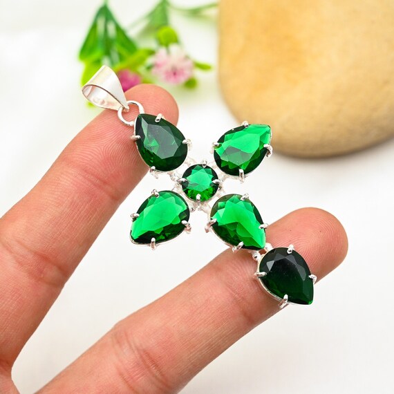 Collier Pendentif Croix Argent 925 Avec Diopside Chromé Et Améthyste - Fait Main - Inde