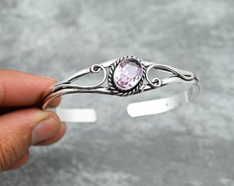 Pink Kunzite Bracelet 925 Sterling Silver Bangle Pink Kunzite Bangle Adjustable Bangle Pink Kunzite Gemstone Bracelet Gift For Her Mother