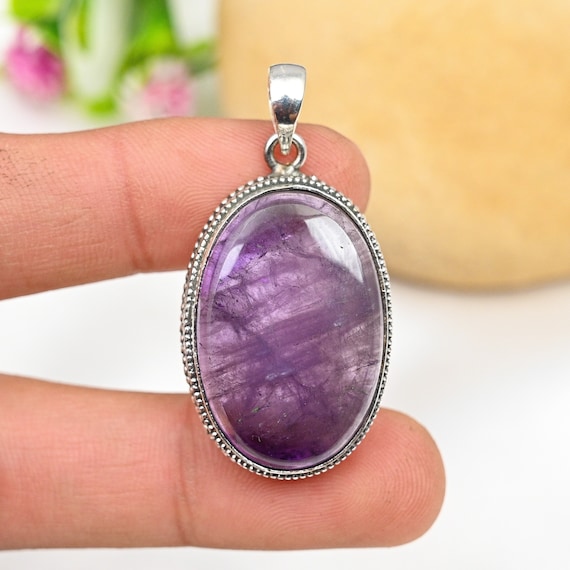 Pendentif Argent Sterling 925 Fait Main Avec Améthyste Verte Créée En Labo - Chaîne Réglable - Neuf Sans Emballage