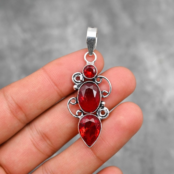 Pendentif En Argent Sterling 925 Avec Grenat - Fait Main - Inde - Bijou Réglable
