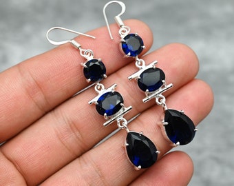 Blue Sapphire Earrings 925 Sterling Silver Earrings Blue Sapphire Gemstone Earrings Jewelry Handmade Earrings Sapphire Jewelry Gift For Her