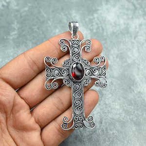 Garnet Cross Pendant 925 Sterling Silver Pendant Garnet Gemstone Pendant Necklace Handmade Pendant Silver Garnet Jewelry Gift for Her Mother