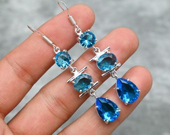 Blauwe topaas oorbellen 925 sterling zilveren oorbellen blauwe topaas edelsteen oorbellen sieraden handgemaakte oorbellen blauwe topaas sieraden cadeau voor haar