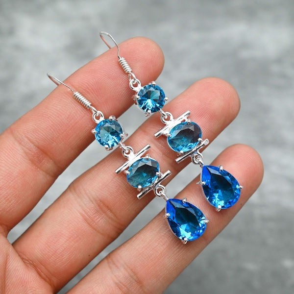 Blauer Topas Ohrringe 925 Sterling Silber Ohrringe Blauer Topas Edelstein Ohrringe Schmuck Handgemachte Ohrringe Blauer Topas Schmuck Geschenk für Sie