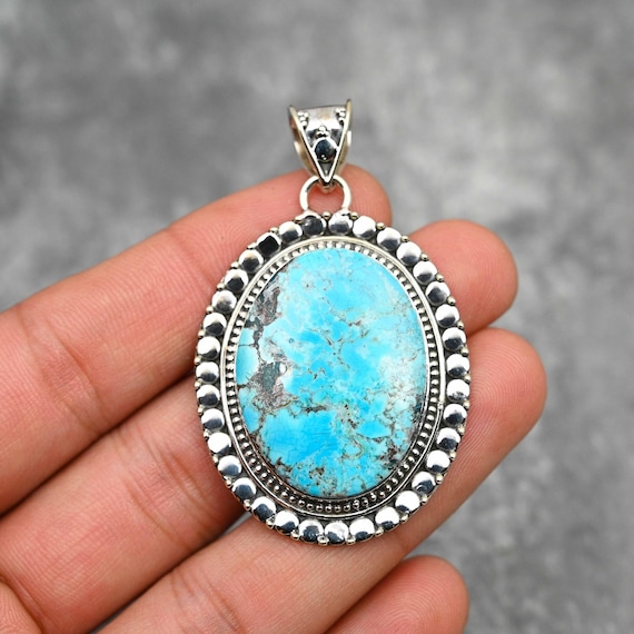 Collier En Argent Sterling 925 Fait Main Avec Pierre Turquoise (créée En Labo) - Vert, 45 Cm, Inde