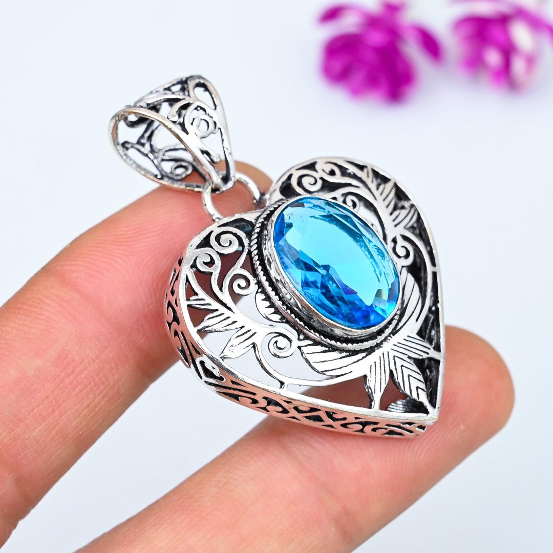 Swiss Blue Topaz Heart Pendant 925 Sterling Silver Jewelry Gemstone ...