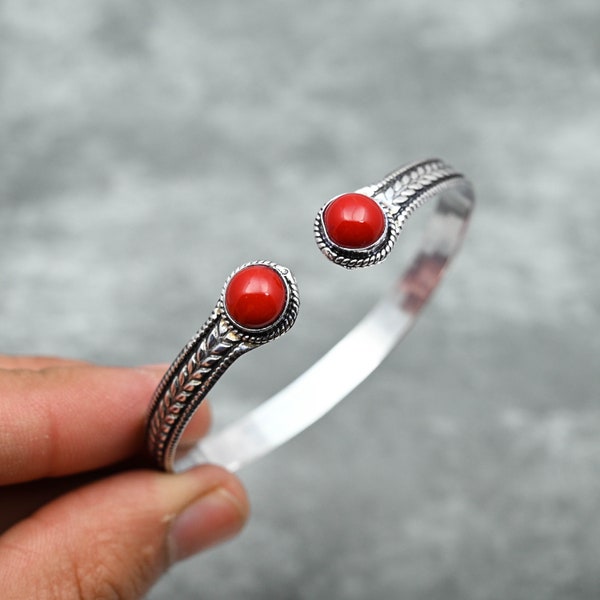 Red Coral Bracelet 925 Sterling Silver Bangle Red Coral Bangle Adjustable Handmade Bangle Red Coral Gemstone Bracelet Gift For Her Mother