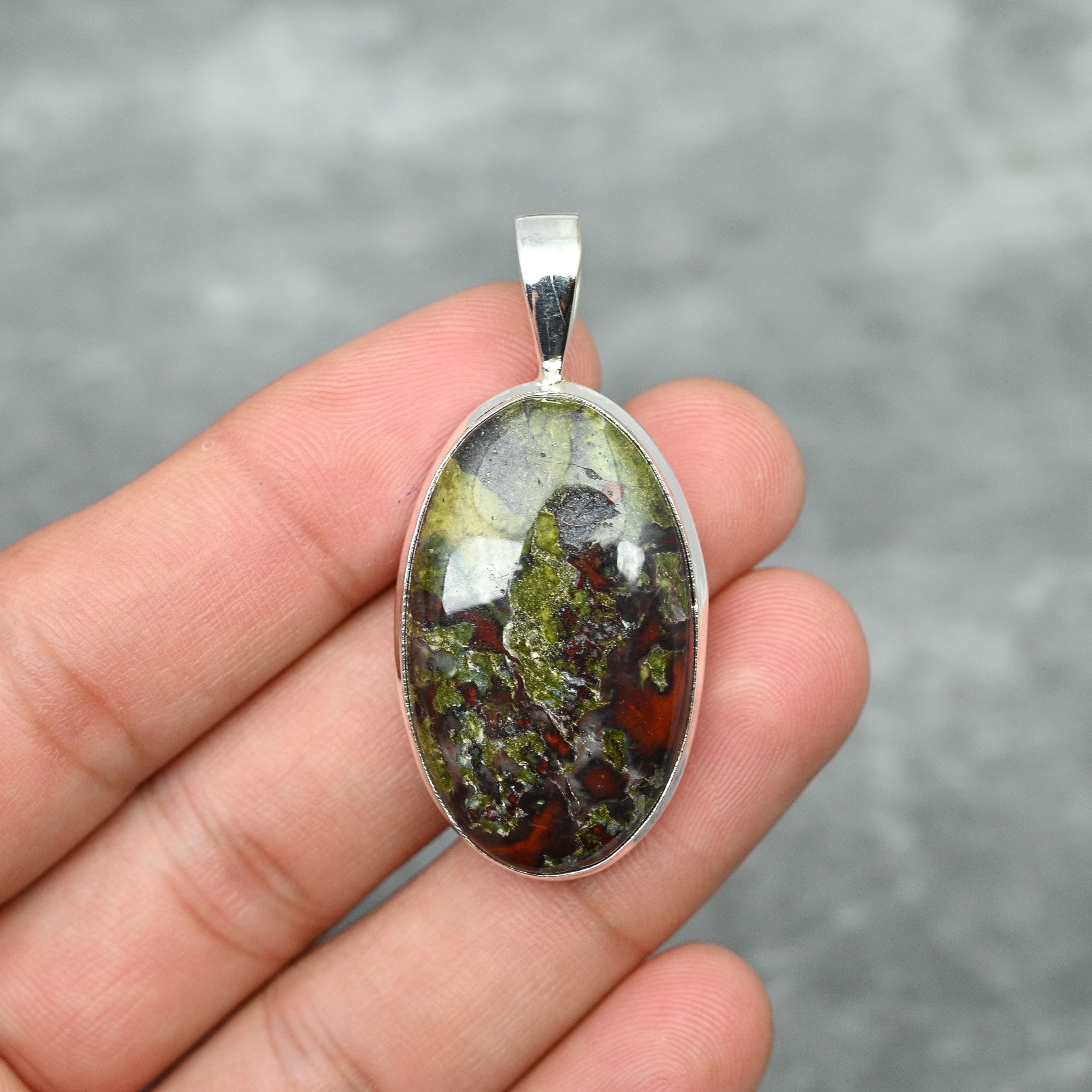 Pendentif En Argent 925 Jaspe Pierre De Sang Fait Main - Longueur 2.5 Pouces, Naturel