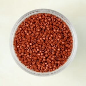 May include: A clear plastic container filled with small, round, terracotta-colored beads.