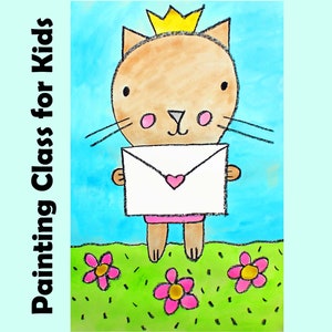 CAT with a HEART LETTER | Kids Art Lesson Drawing & Watercolor Painting Project | Easy Beginners and Homeschool Art Class Cartoon Tutorial