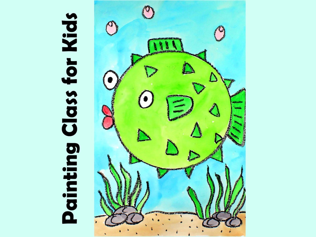 PUFFERFISH FISH Kids Art Lesson Stepbystep Drawing & Watercolor