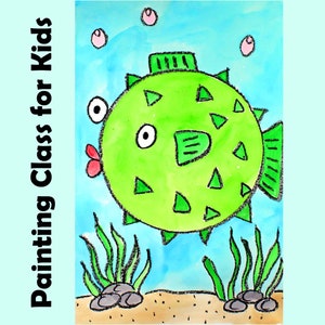 PUFFERFISH FISH Kids Art Lesson Step-By-Step Drawing & Watercolor Painting Project for Beginners | Homeschool Art Class Curriculum Tutorial