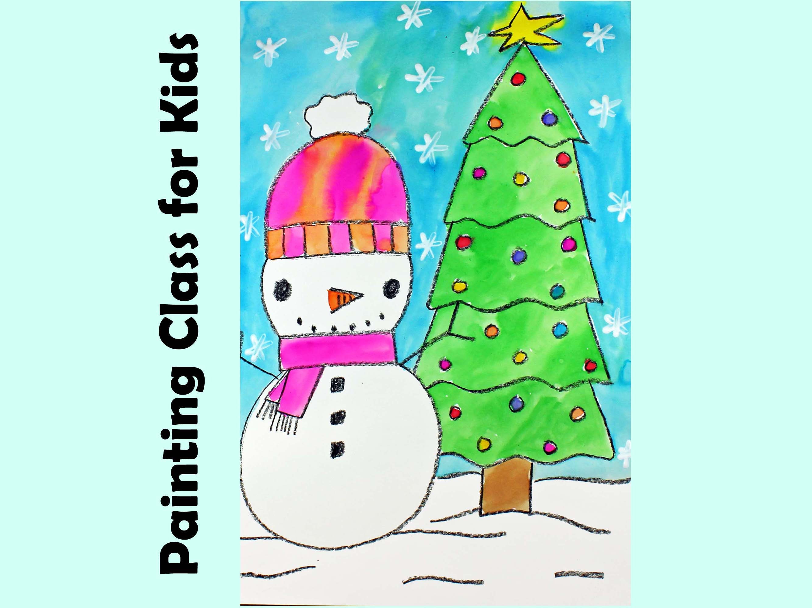 Holiday Christmas Winter Kids Snowman in the night art project step by step