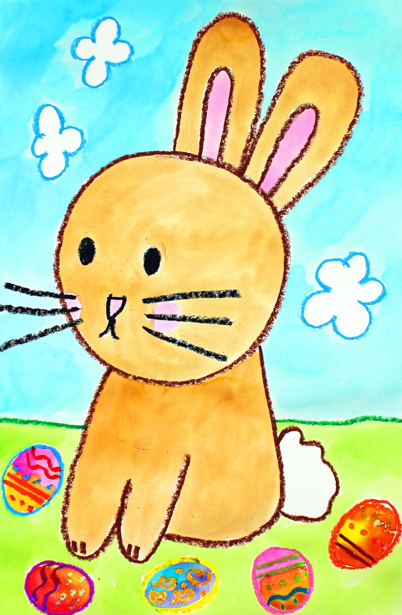 EASTER BUNNY Kids Art Lesson Drawing & Watercolor Painting Project EASY