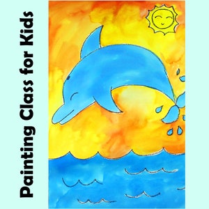 Pode incluir: Uma pintura em aquarela de um golfinho azul saltando para fora da água com um sol amarelo no fundo. O golfinho está sorrindo e tem uma cauda azul. A água é azul e tem ondas brancas. O sol é amarelo e tem um rosto sorridente.