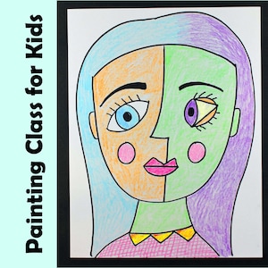 May include: A colorful drawing of a face, split vertically with orange and green halves. The face has blue and purple hair, pink cheeks, and the text "Painting Class for Kids" in black.