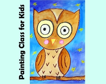 HOOT OWL | Kid's Video Art Lesson | Directed Drawing & Watercolor Painting Project | EASY Beginner's Homeschool Art Class Cartoon Tutorial