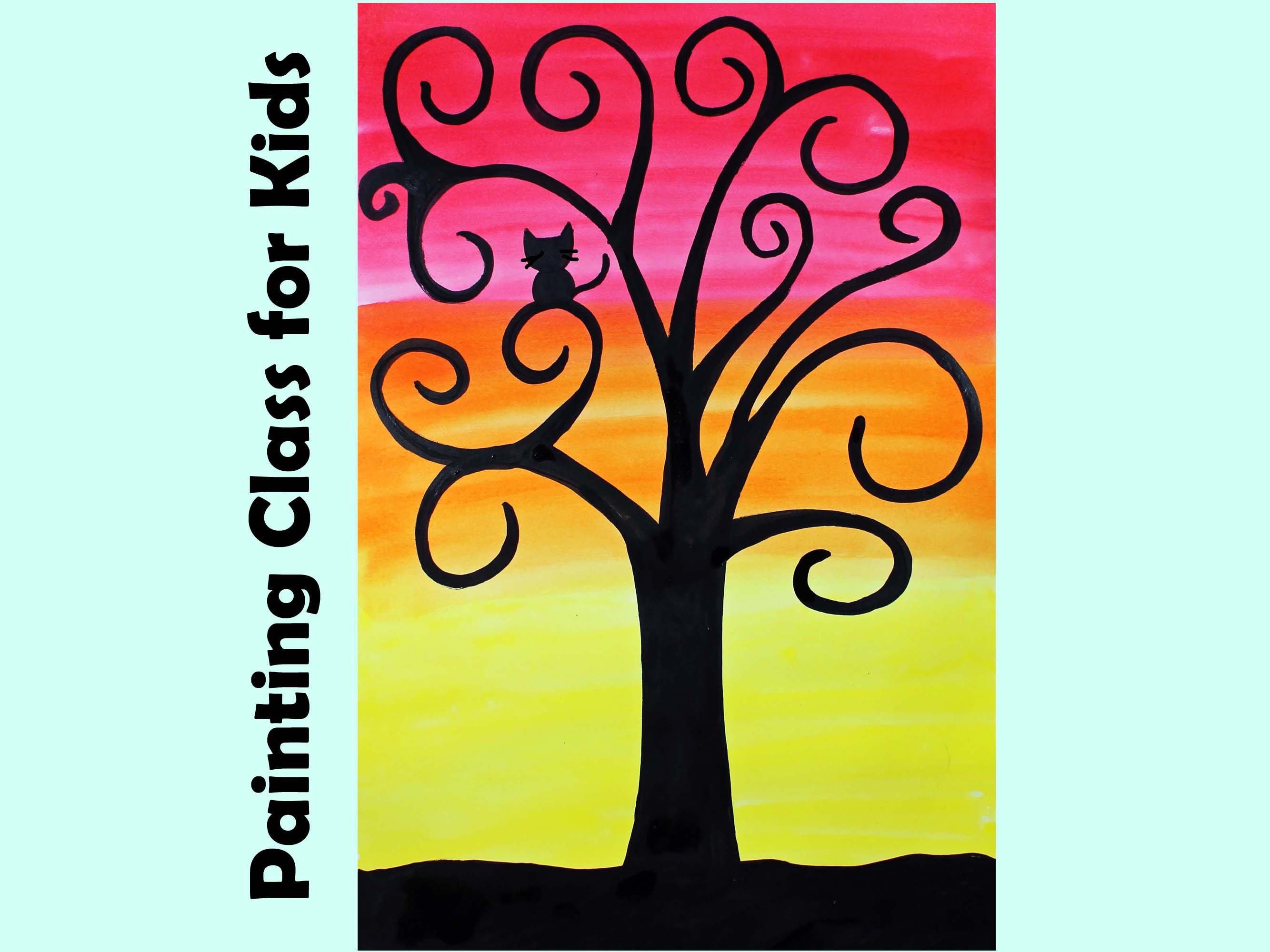 SWIRLY TREE Kids Art Lesson Step-By-Step Drawing & Watercolor Painting Project for Beginners - Homeschool Art Class | Craft DIY Tutorial
