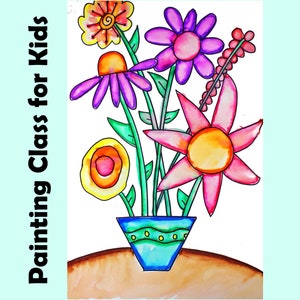 Könnte beinhalten: Ein farbenfrohes Gemälde eines Blumenstraußes in einer blauen Vase. Die Blumen sind rosa, lila, gelb und orange. Die Vase hat ein grünes und gelbes Muster.