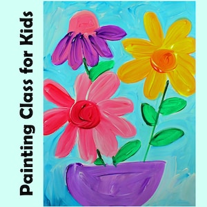 Puede incluir: Una pintura colorida de tres flores en un jarrón morado sobre un fondo azul claro. Las flores son rosas, amarillas y moradas con tallos y hojas verdes. El texto "Painting Class for Kids" está en el lado izquierdo.