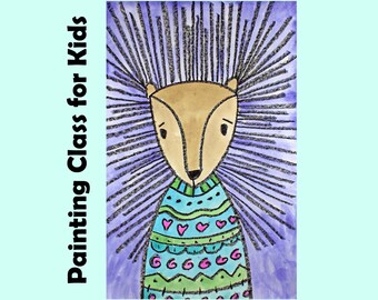 PORCUPINE in a COZY SWEATER Kids Art Lesson Step-By-Step Drawing & Watercolor Painting Class Project for Homeschool Art Curriculum Tutorial