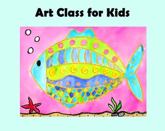 PATTERN FISH Kids Art Lesson Step-By-Step Drawing & Watercolor Painting Project for Beginners - Homeschool Art Class | Craft DIY Tutorial