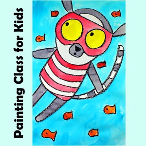 May include: A watercolour painting of a lemur wearing a red and white striped shirt and a red mask. The lemur is swimming in blue water with orange fish.
