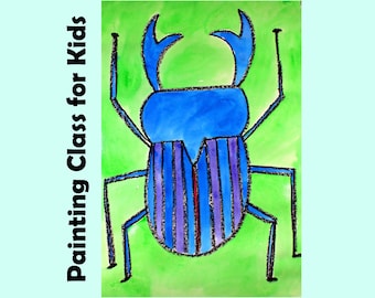 ESCARABAJO CIERVO / Lección de arte en video para niños / Proyecto de dibujo y pintura de acuarela de un insecto paso a paso para clases de arte en casa para principiantes (tutorial)