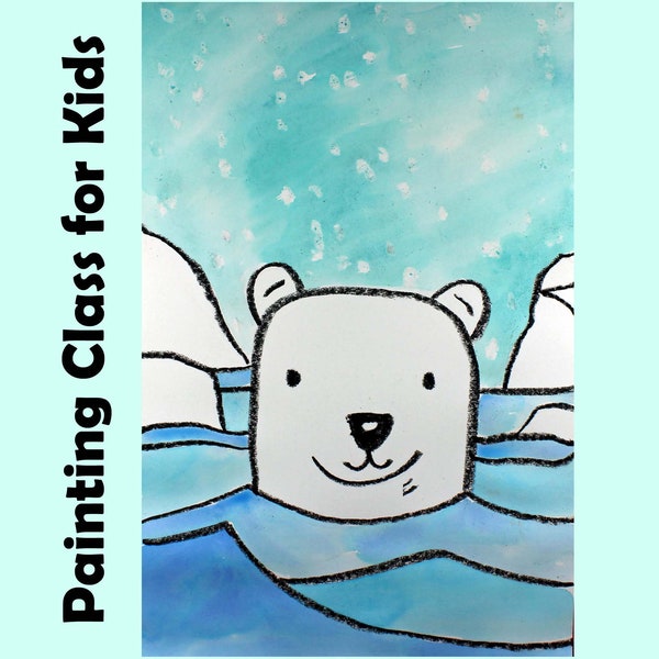 POLAR BEAR SWIMMING Kids Art Lesson Step-By-Step Drawing and Watercolor Painting Project for Beginners & Homeschool Art Curriculum Tutorial