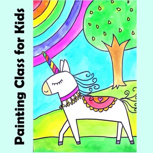 May include: A vibrant illustration of a white unicorn with a rainbow horn, set in a green field with a rainbow and tree backdrop. The image includes the text "Painting Class for Kids" on the left side of the image.