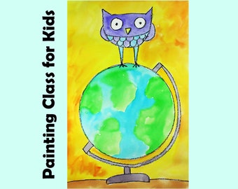 OWL on a GLOBE | Kid's Video Art Lesson | Drawing & Watercolor Painting Project for Beginners and Homeschoolers |  Art Curriculum Tutorial