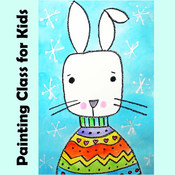 BUNNY in a COZY SWEATER Kids Art Lesson | Easy Step-By-Step Drawing and Watercolor Painting Project for Homeschool Art Class Tutorial