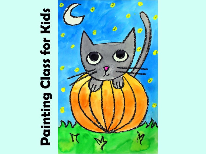 HALLOWEEN CAT & PUMPKIN | Kid's Video Art Lesson | Drawing and Painting ...