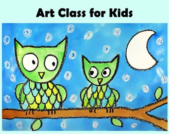 LITTLE NIGHT OWLS | Kid's Video Art Lesson | Easy Drawing & Watercolor Painting Project for Beginners | Homeschool Art Curriculum Tutorial