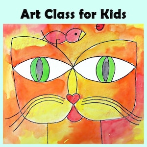 May include: A colorful watercolor painting of a cat's face with large green eyes, a red heart-shaped nose, and a small bird on top. The words "Art Class for Kids" are at the top.