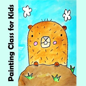 Peut inclure: Une illustration de dessin animé d'une marmotte brune avec une dent blanche, des joues roses et des yeux noirs qui sort d'un monticule de terre brune avec de l'herbe verte. La marmotte est sur un fond de ciel bleu avec des nuages blancs.
