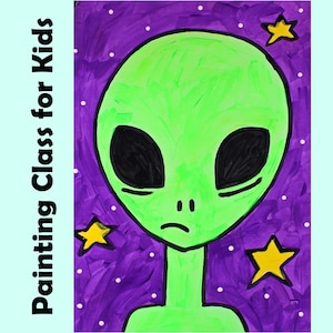 May include: A green alien with large black eyes and a small mouth is centered on a purple background with white dots and yellow stars. The text "Painting Class for Kids" is on the left side of the image.