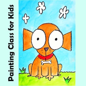 Può includere: Un'illustrazione di un cartone animato di un cane marrone con occhi grandi, un collare rosso e un osso appeso al collare. Il cane è seduto su un pezzo di erba verde con fiori bianchi nel cielo blu sopra.