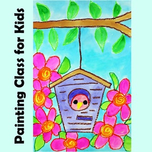 PÁJARO en una CASA PARA PÁJAROS / Lección de arte para niños Proyecto de dibujo y pintura con acuarela / Tutorial FÁCIL de dibujos animados para clases de arte para principiantes y educación en el hogar
