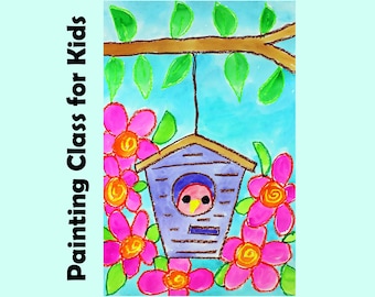 BIRD in a BIRDHOUSE | Kids Art Lesson Drawing & Watercolor Painting Project | EASY Beginners and Homeschool Art Class Cartoon Tutorial