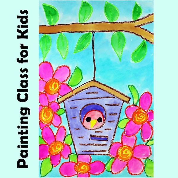 BIRD in a BIRDHOUSE | Kids Art Lesson Drawing & Watercolor Painting Project | EASY Beginners and Homeschool Art Class Cartoon Tutorial