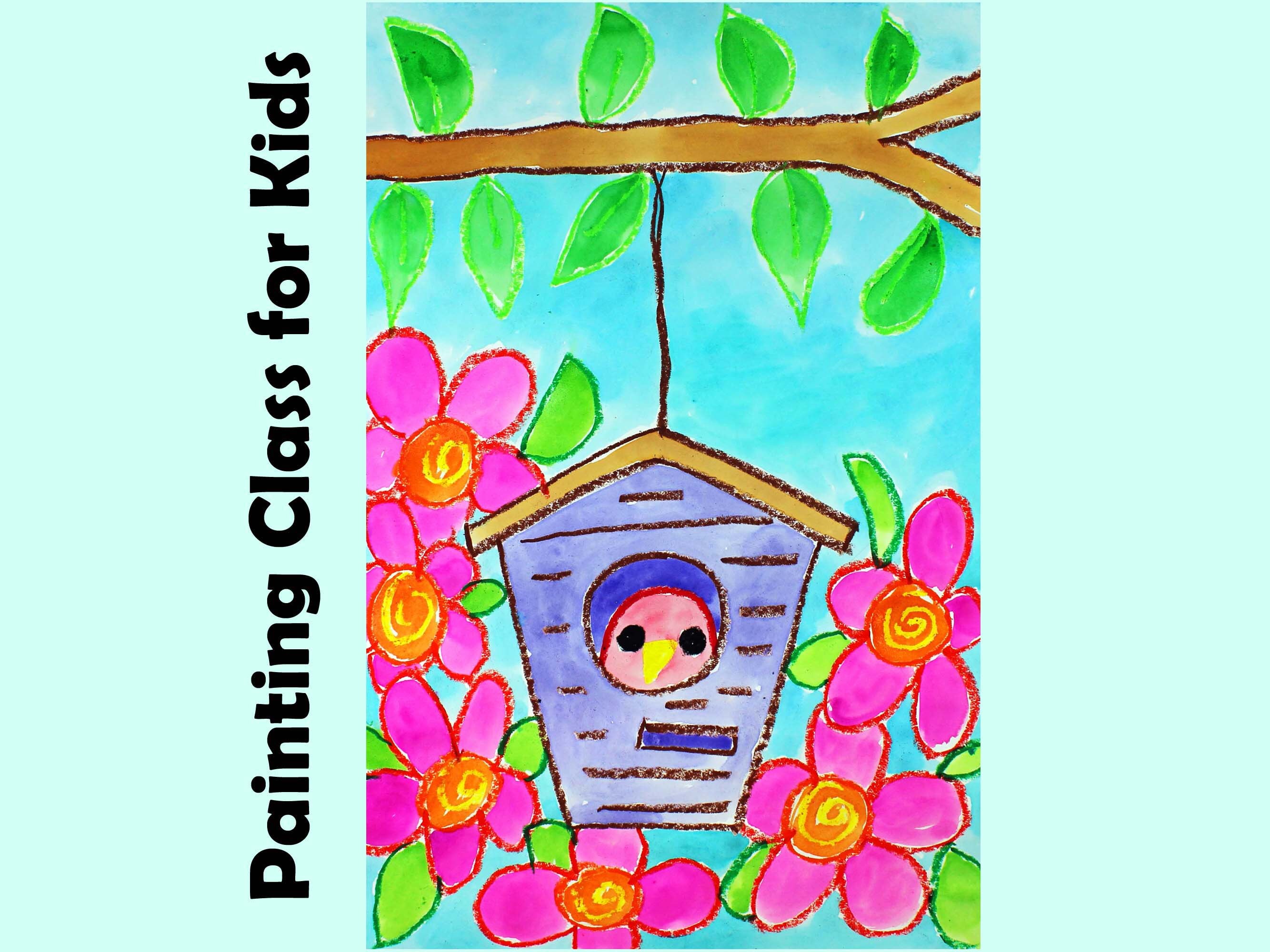 BIRD in a BIRDHOUSE Kids Art Lesson Drawing & Watercolor Painting