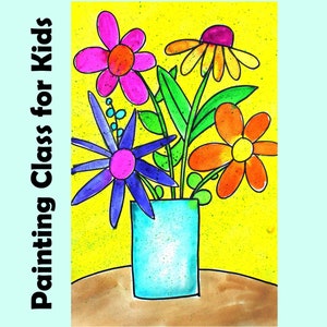 Op de afbeelding: Kleurrijke illustratie van bloemen in een blauwe vaas tegen een gele achtergrond. De bloemen zijn in roze, paars en oranje, met groene bladeren. De tekst "Painting Class for Kids" staat aan de linkerkant.