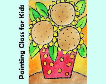 BIG SUNFLOWERS Kids Art Lesson Step-By-Step Drawing & Watercolor Painting Project for Beginners | Homeschool Art Class Video Tutorial