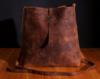 Handmade Full Grain Leather Tote Bag, Rustic Chestnut Brown Shoulder Bag