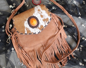 Hairon Leder Fransen Umhängetasche: Western Boho Style